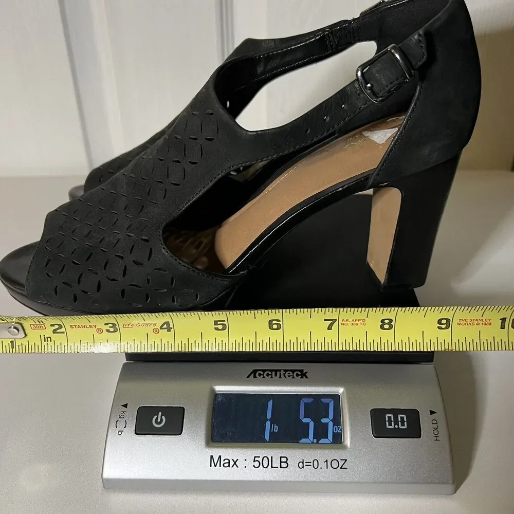 Clarks Artisan Jenness Energy Black Suede Peep Toe Platform Heeled Sandal Size 9